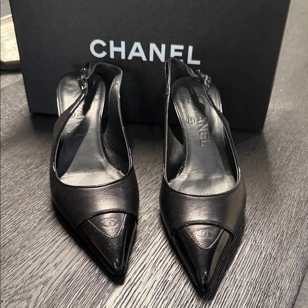 CHANEL Black Pointed Toe Slingback Heels